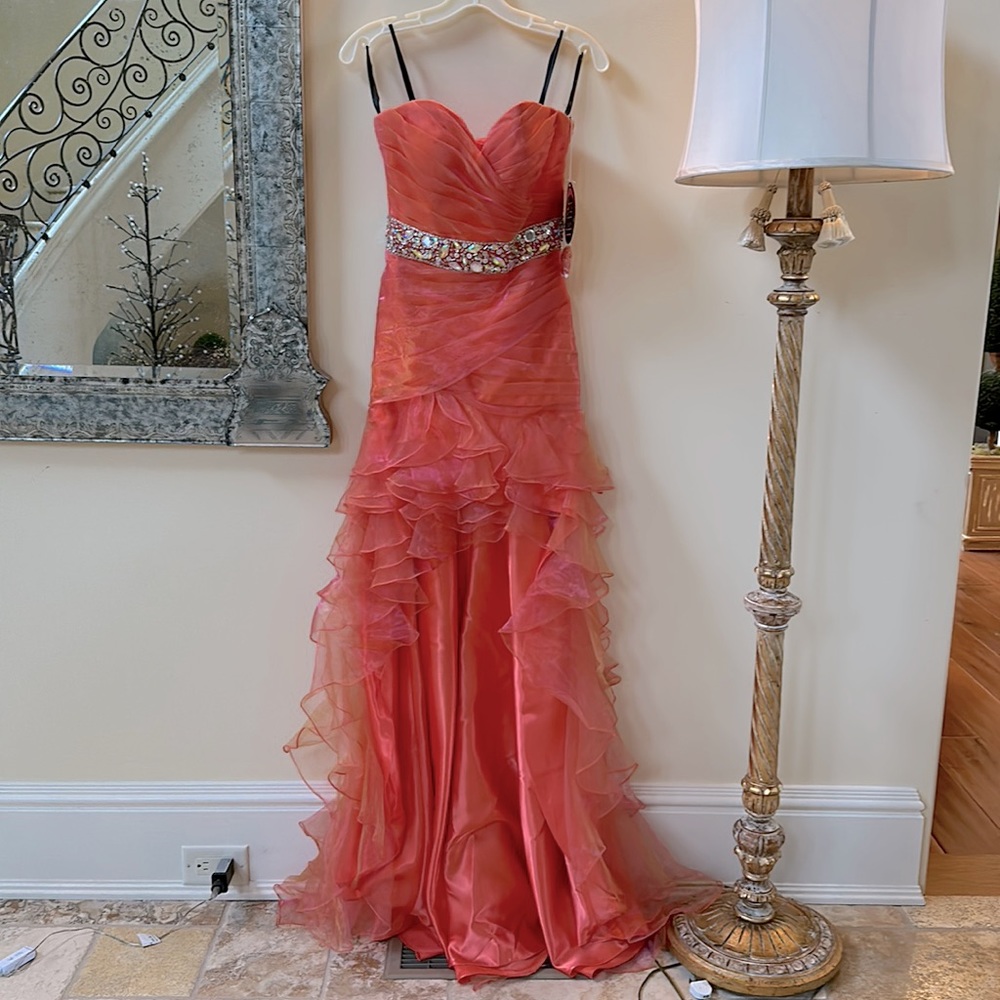 Prom dress. Orange. Organza ruffles. Corset lace back. Stunning. High low.